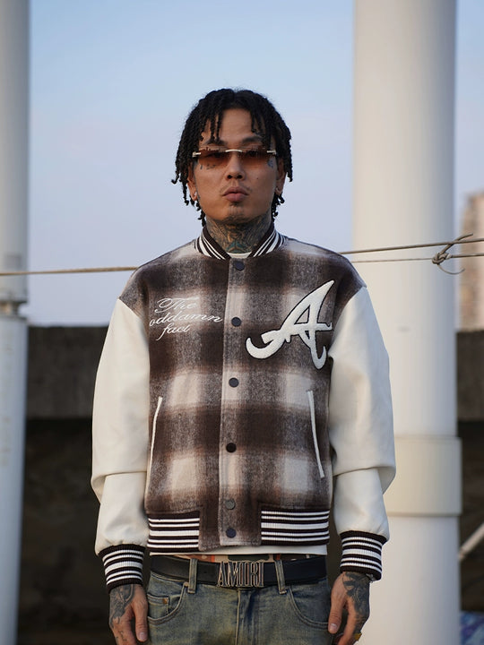TGFCLUB Embroidered Plaid PU Leather Varsity Jacket | Face 3 Face