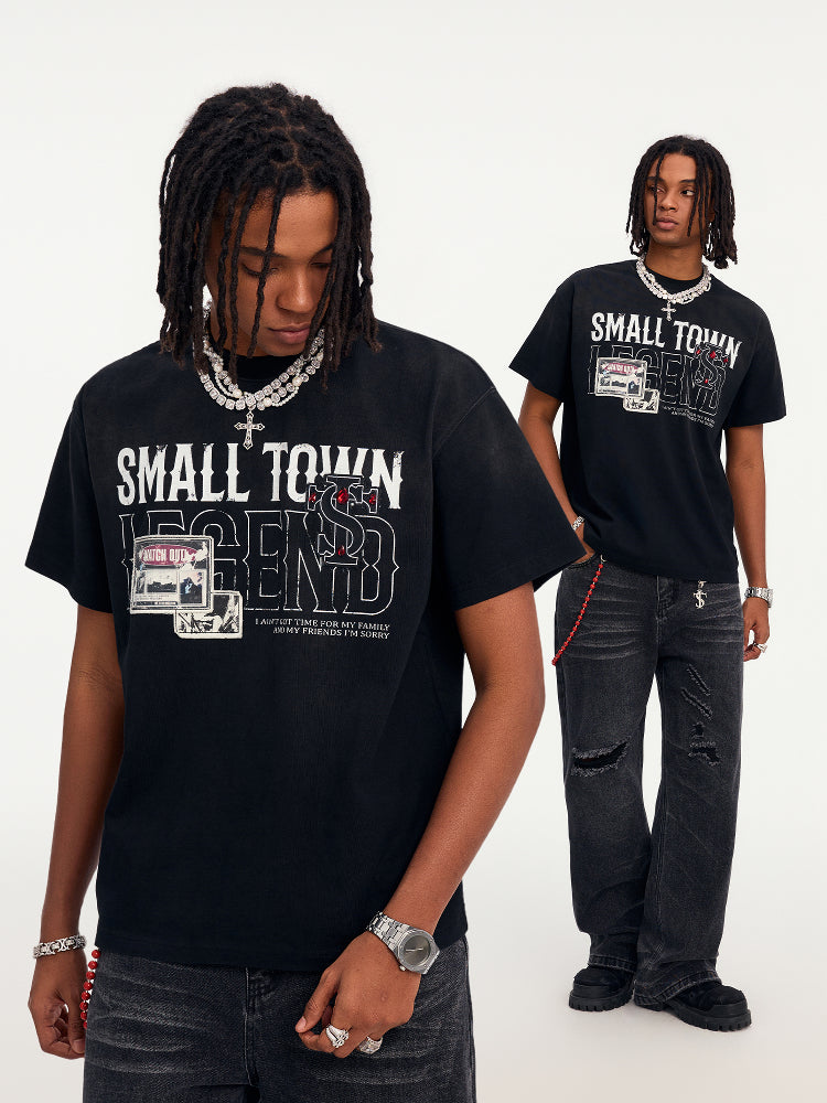Small Town Kid Washed Imitation Ruby Patch Tee | Face 3 Face