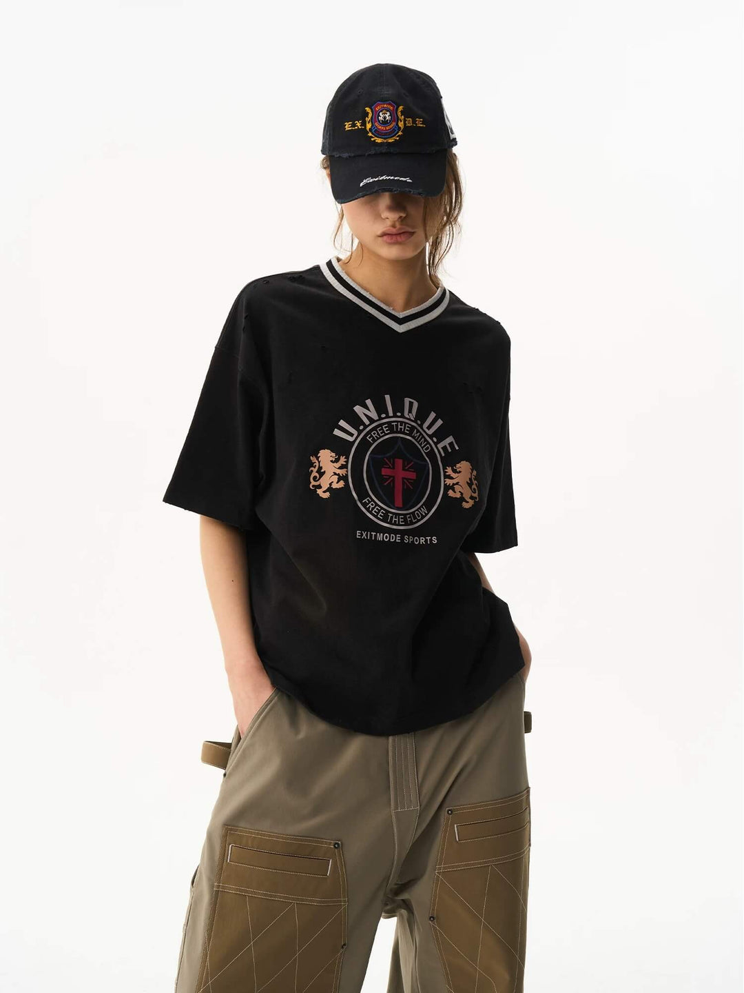 EXITMODE BY BLIND NO PLAN Washed Distressed V Neck Short Sleeve Tee