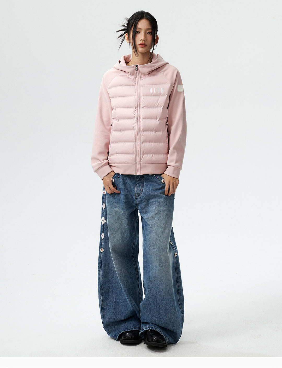 MEDM Patchwork Raglan Sleeve Lightweight Hooded Down Jacket | Face 3 Face