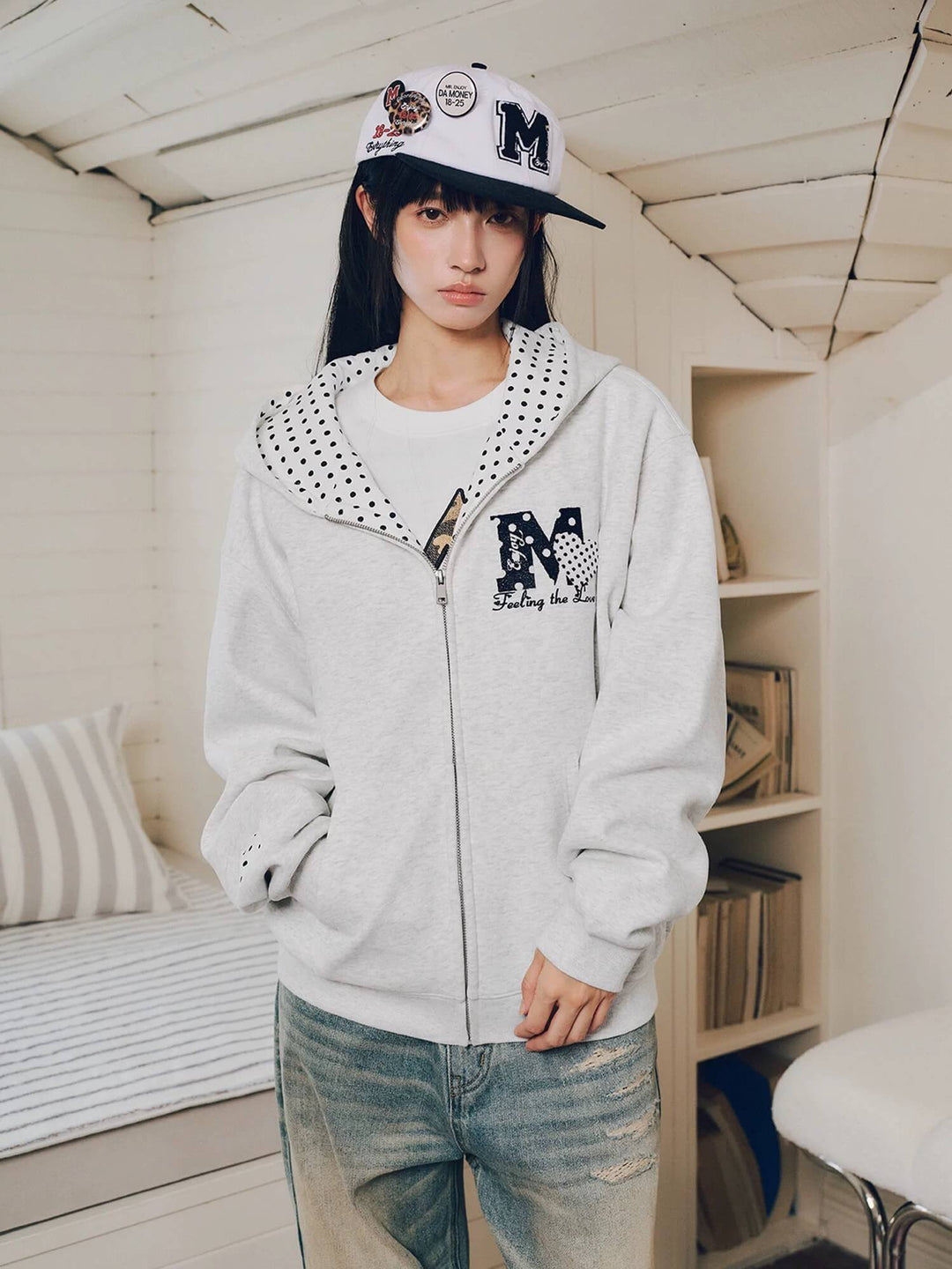 MEDM Polka Dot Hood Lining Heart Logo Zip Up Hoodie | Face 3 Face