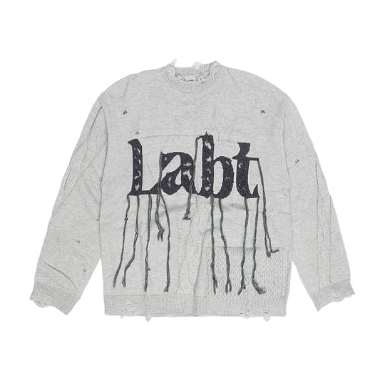 Labt Fringe Lanyard Logo Distressed Knit Sweater | Face 3 Face