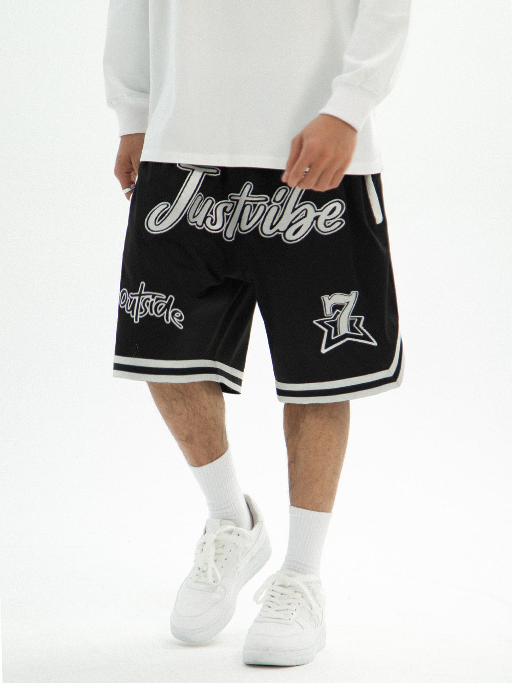 JUST VIBE Patch Embroidered Mesh Basketball Shorts | Face 3 Face