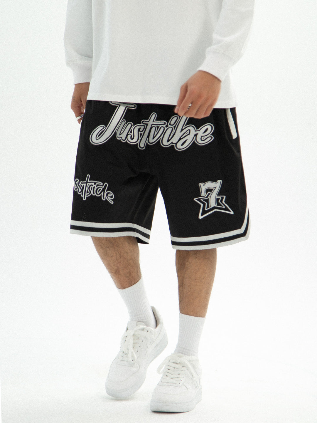 JUST VIBE Patch Embroidered Mesh Basketball Shorts | Face 3 Face