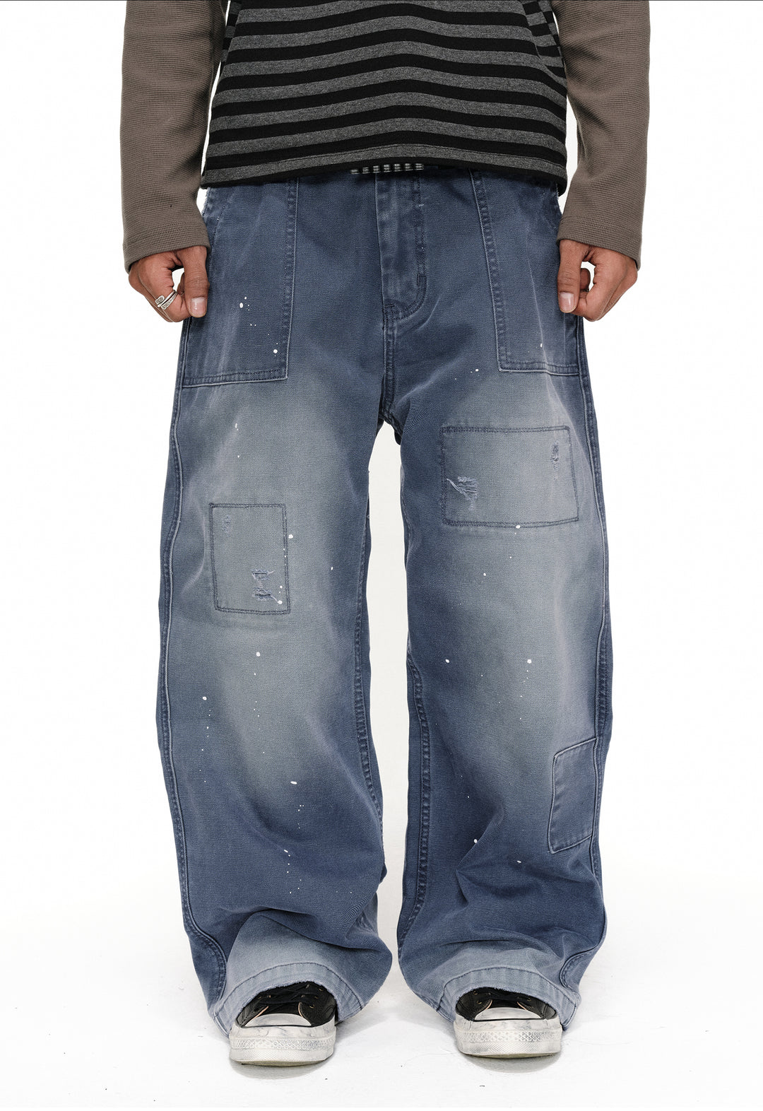 ANTIDOTE Destroyed Denim Blue Patchwork Work Pants | Face 3 Face