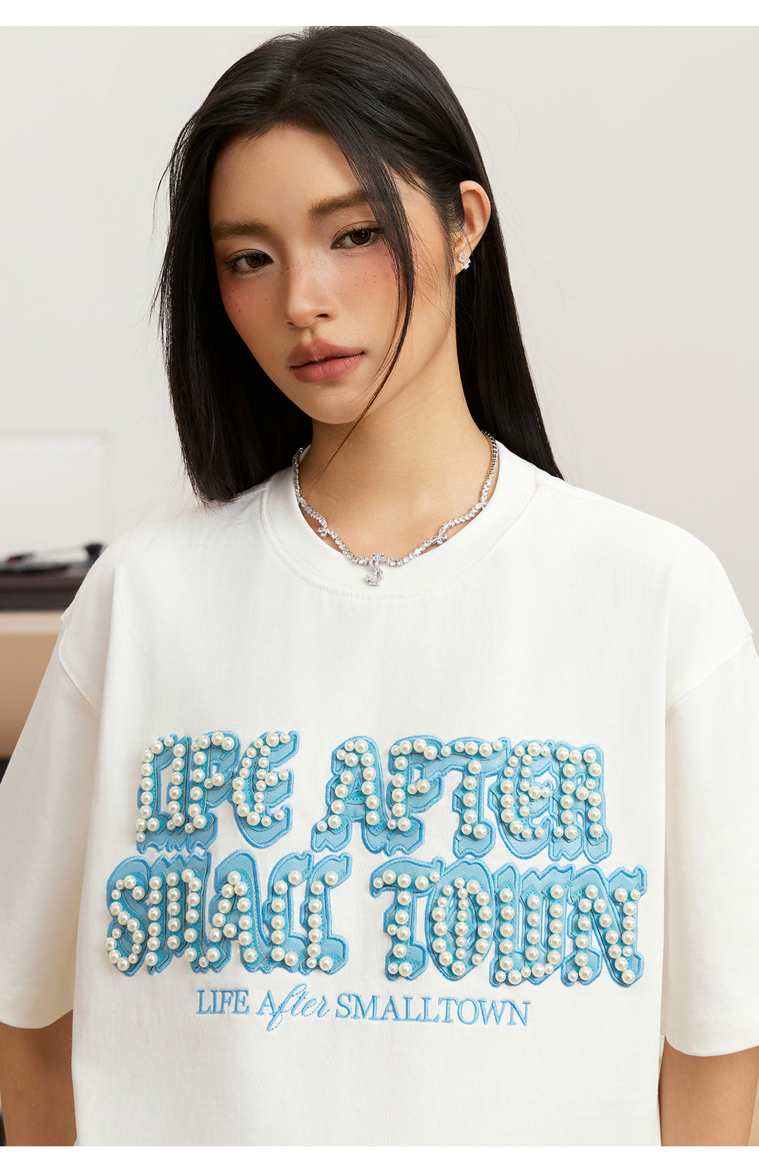 Small Town Kid Pearl Embroidered Leather Patch Tee | Face 3 Face