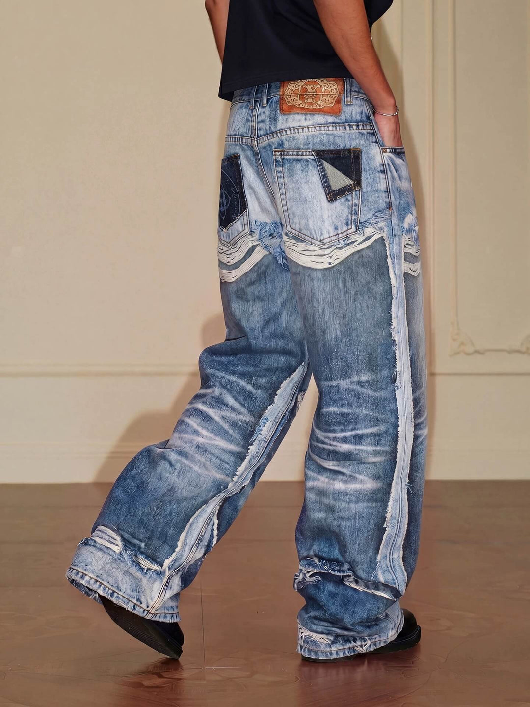 YADcrew Vintage Distressed Denim Print Loose Fit Wide Leg Jeans | Face 3 Face
