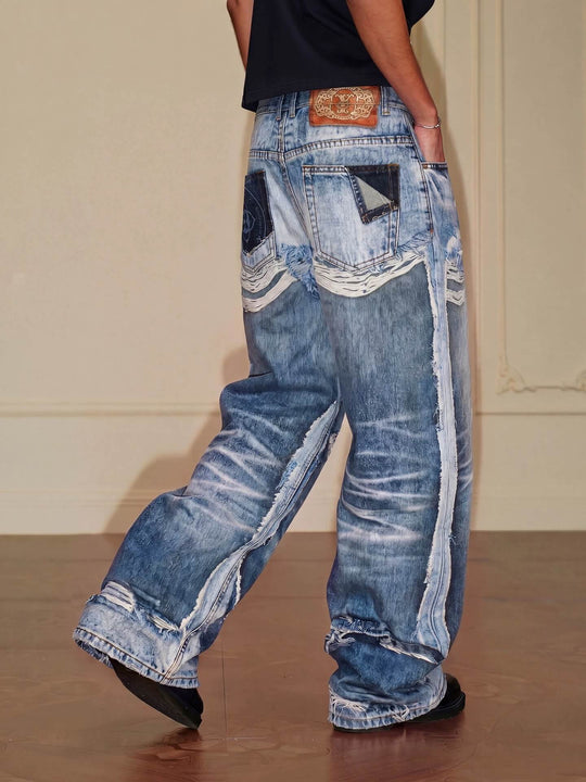 YADcrew Vintage Distressed Denim Print Loose Fit Wide Leg Jeans | Face 3 Face