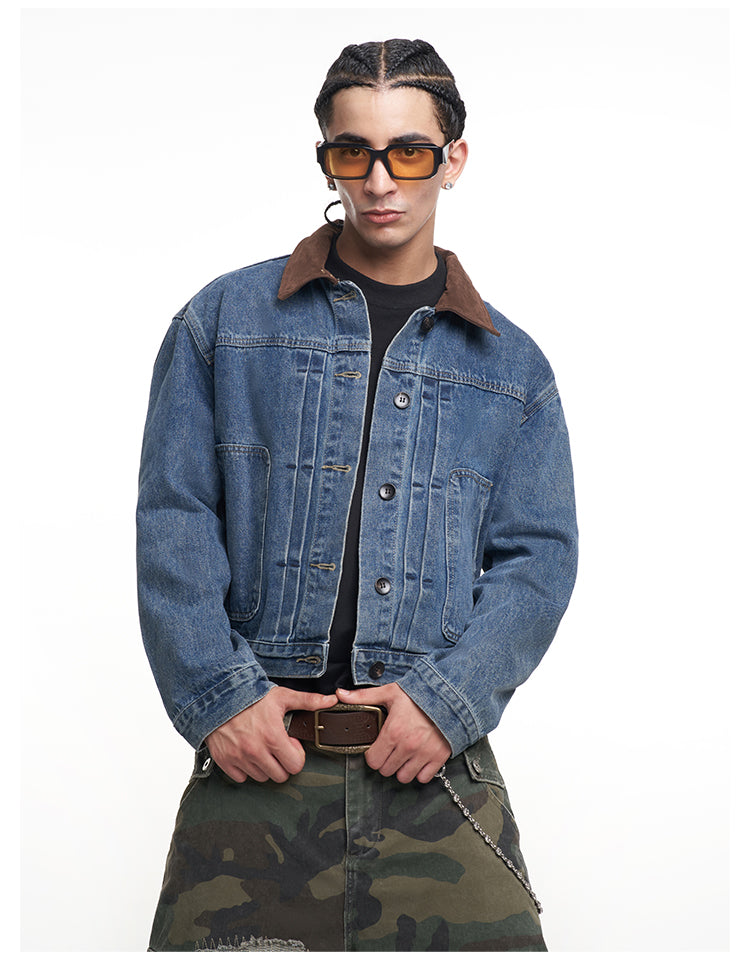 F3F Select Suede Lapel Washed Denim Jacket | Face 3 Face