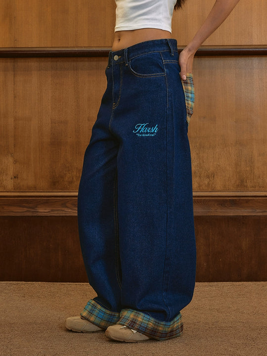 Harsh and Cruel Plaid Trim Cuffed Pocket Jeans | Face 3 Face