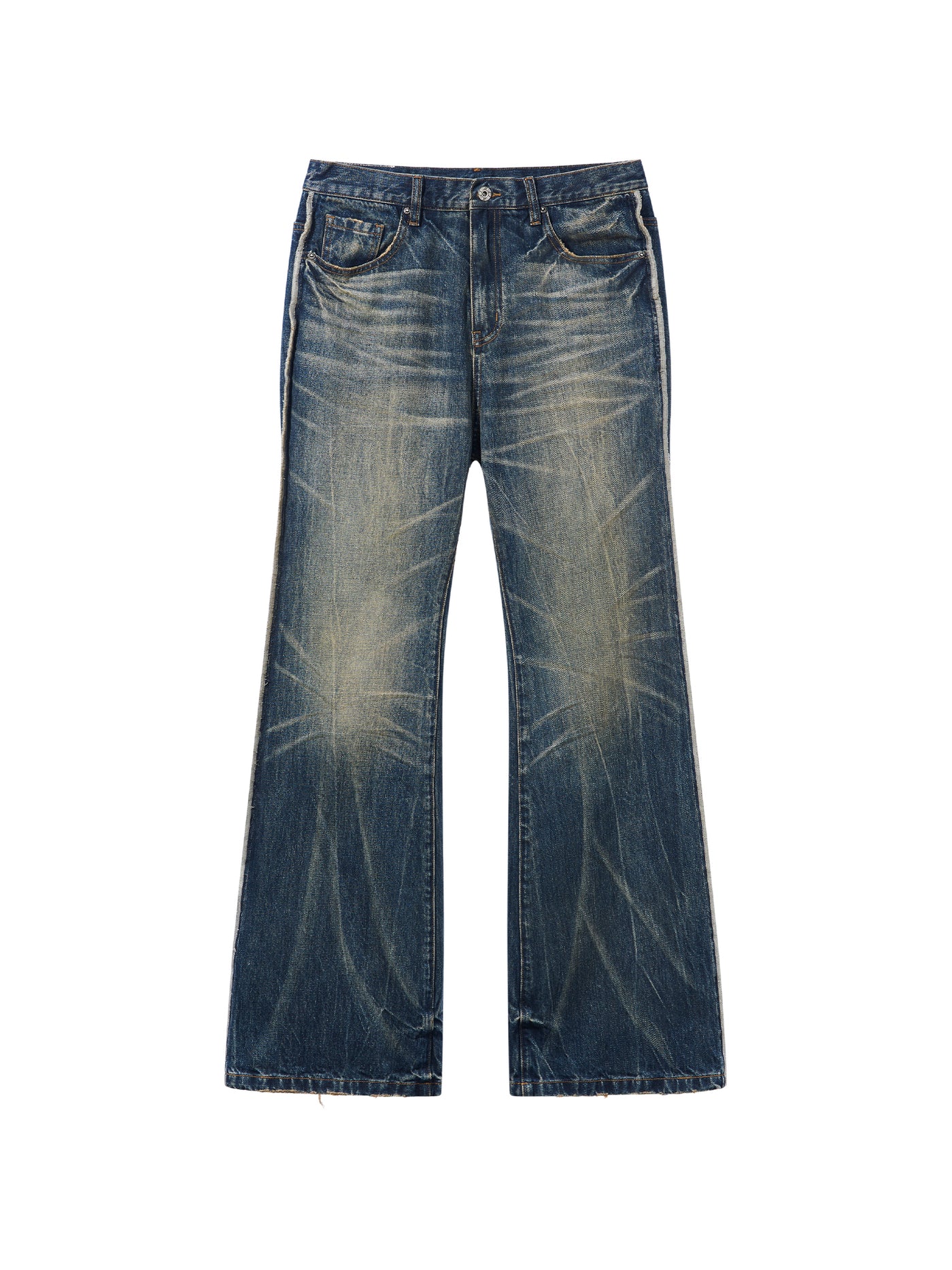 BLIND NO PLAN Blue Washed Whiskered Distressed Bootcut Jeans | Face 3 Face