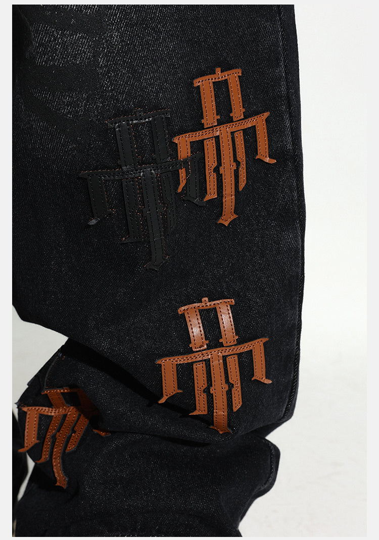 DICETINY Logo Leather Embroidered Jeans | Face 3 Face