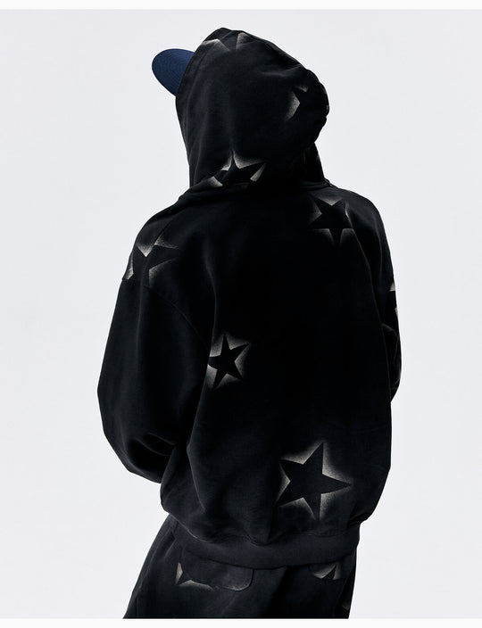 MEDM Washed Star All Over Print Zip Up Hoodie | Face 3 Face