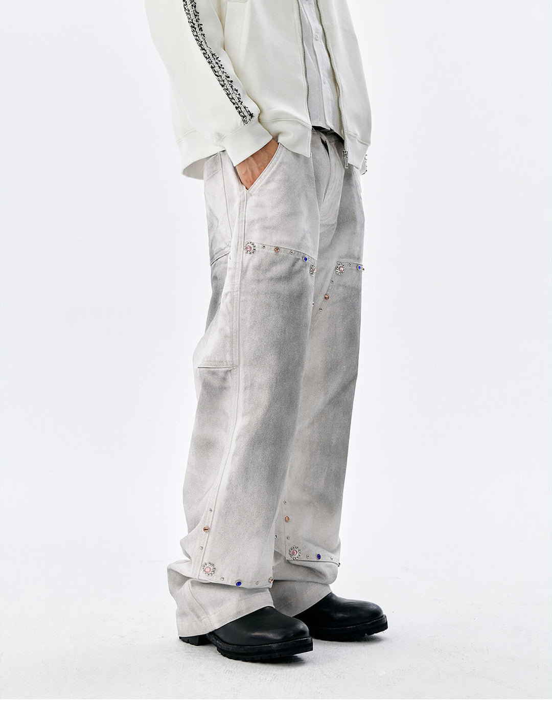 MEDM Gemstone Studded Double Knee Washed Jeans | Face 3 Face