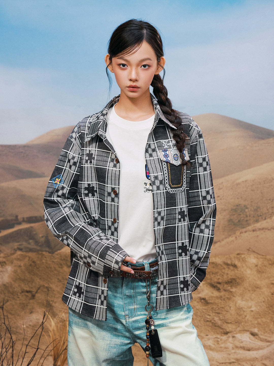 YADcrew Ethnic Pattern Plaid Long Sleeve Shirt | Face 3 Face