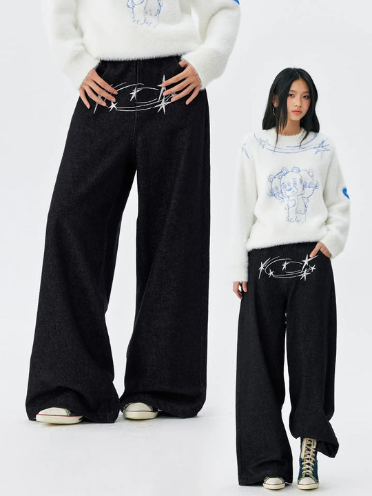 MEDM Stunner Bear Star Embroidered Baggy Jeans | Face 3 Face