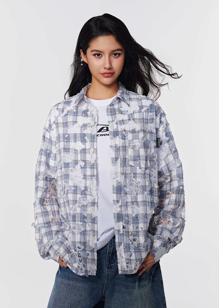 Achock Holes Lace Patches Plaid Long Sleeved Shirt | Face 3 Face