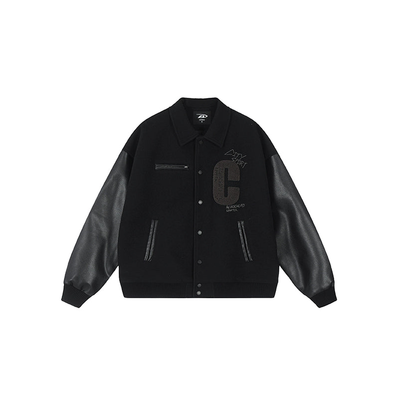 Achock Patch Embroidery Black Varsity Jacket | Face 3 Face