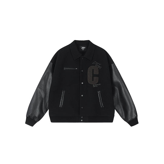Achock Patch Embroidery Black Varsity Jacket | Face 3 Face