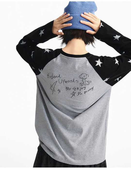 MEDM Star Print Raglan Long Sleeve Tee | Face 3 Face