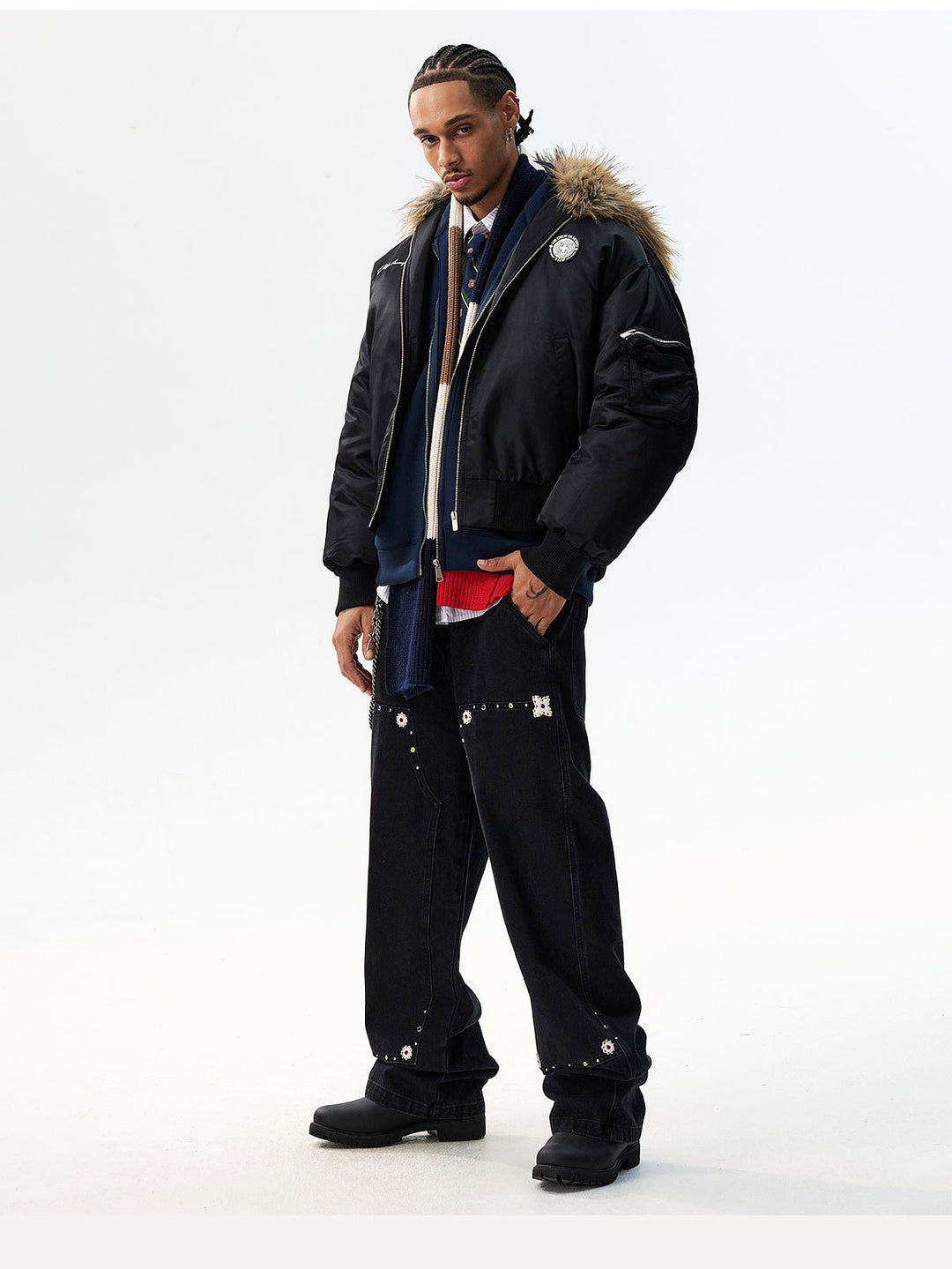 MEDM Silicone Logo Patch Fur Hooded Bomber Jacket | Face 3 Face