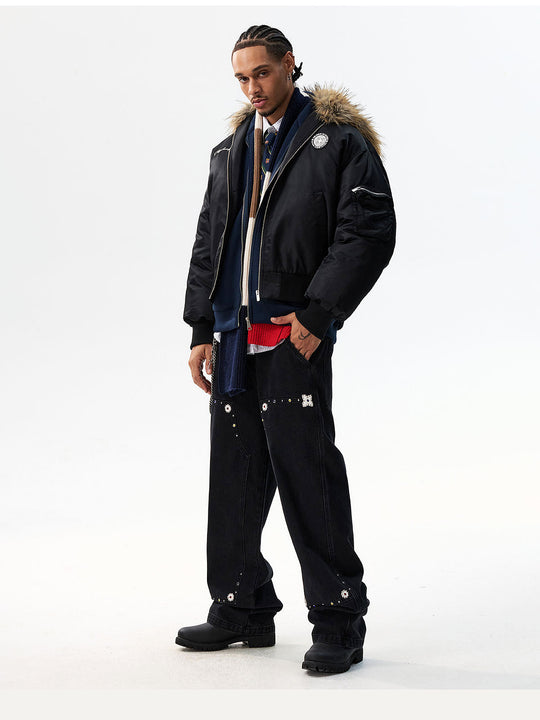 MEDM Silicone Logo Patch Fur Hooded Bomber Jacket | Face 3 Face