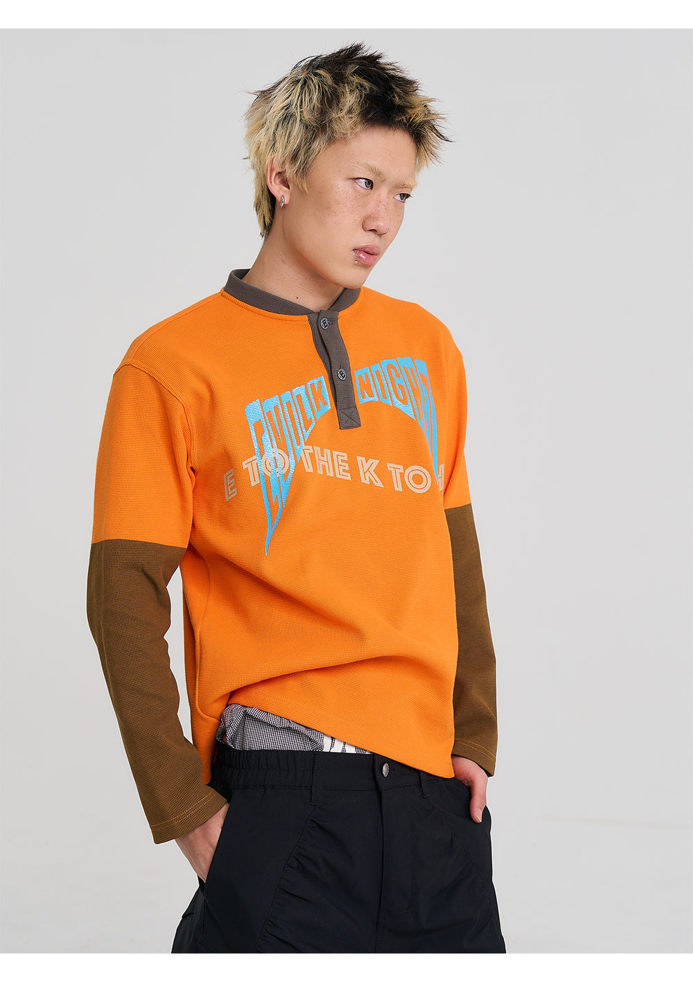 EVILKNIGHT(EK) Color Block Waffle Henley Long Sleeve Tee | Face 3 Face