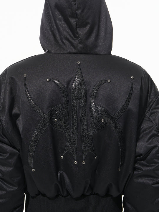 BLIND NO PLAN Leather Patch Studded Hooded Short Bomber Jacket | Face 3 Face