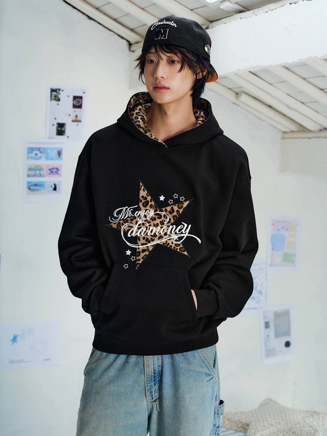 MEDM Leopard Hood Lining Star Patch Logo Hoodie