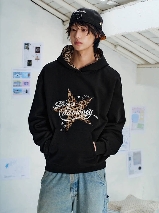 MEDM Leopard Hood Lining Star Patch Logo Hoodie