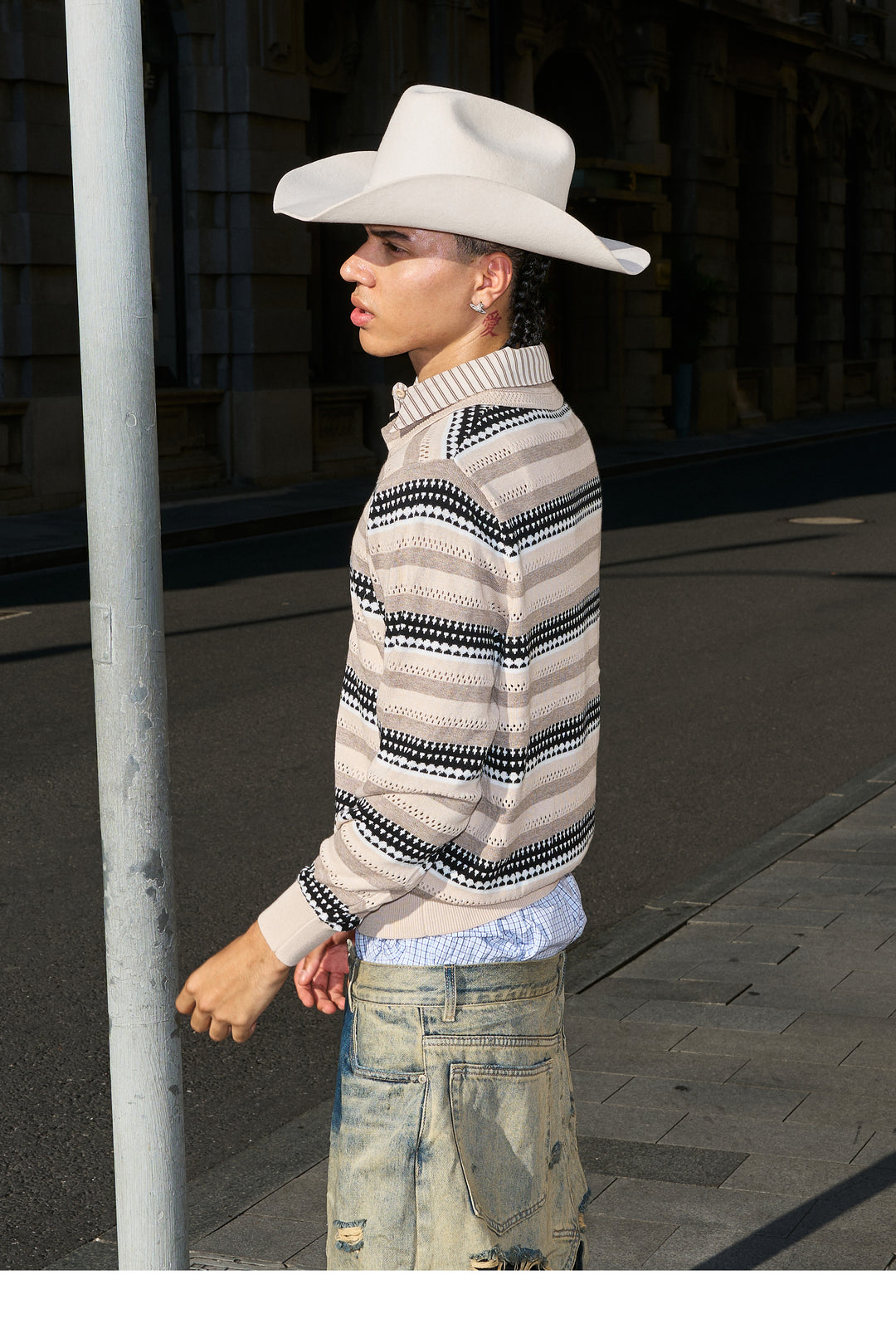 STEEPC Layered Design Knit Striped Long Sleeve Polo | Face 3 Face