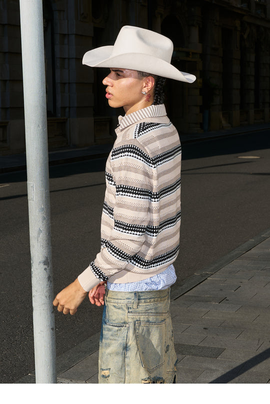 STEEPC Layered Design Knit Striped Long Sleeve Polo | Face 3 Face