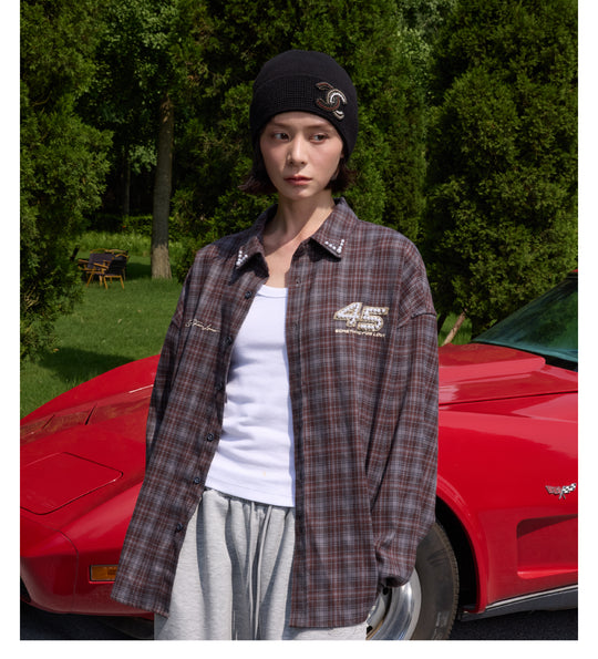 S45 Pearl Lapel Logo Plaid Long Sleeve Shirt | Face 3 Face