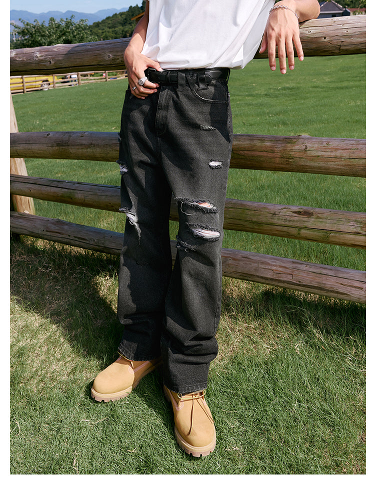 MEDM Leather Patchwork Washed Ripped Jeans | Face 3 Face