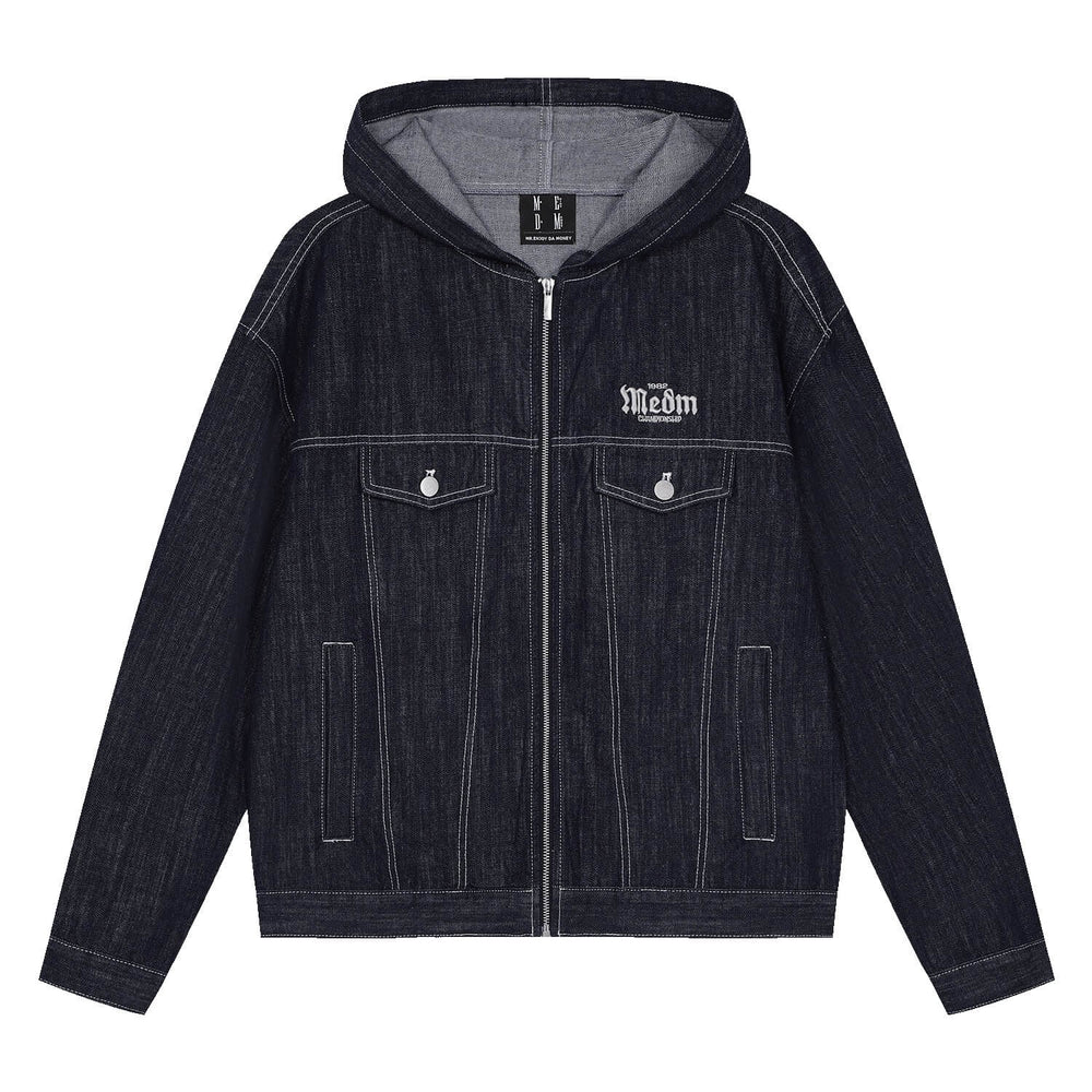 MEDM Embroidered Patch Hooded Zip Up Denim Jacket | Face 3 Face