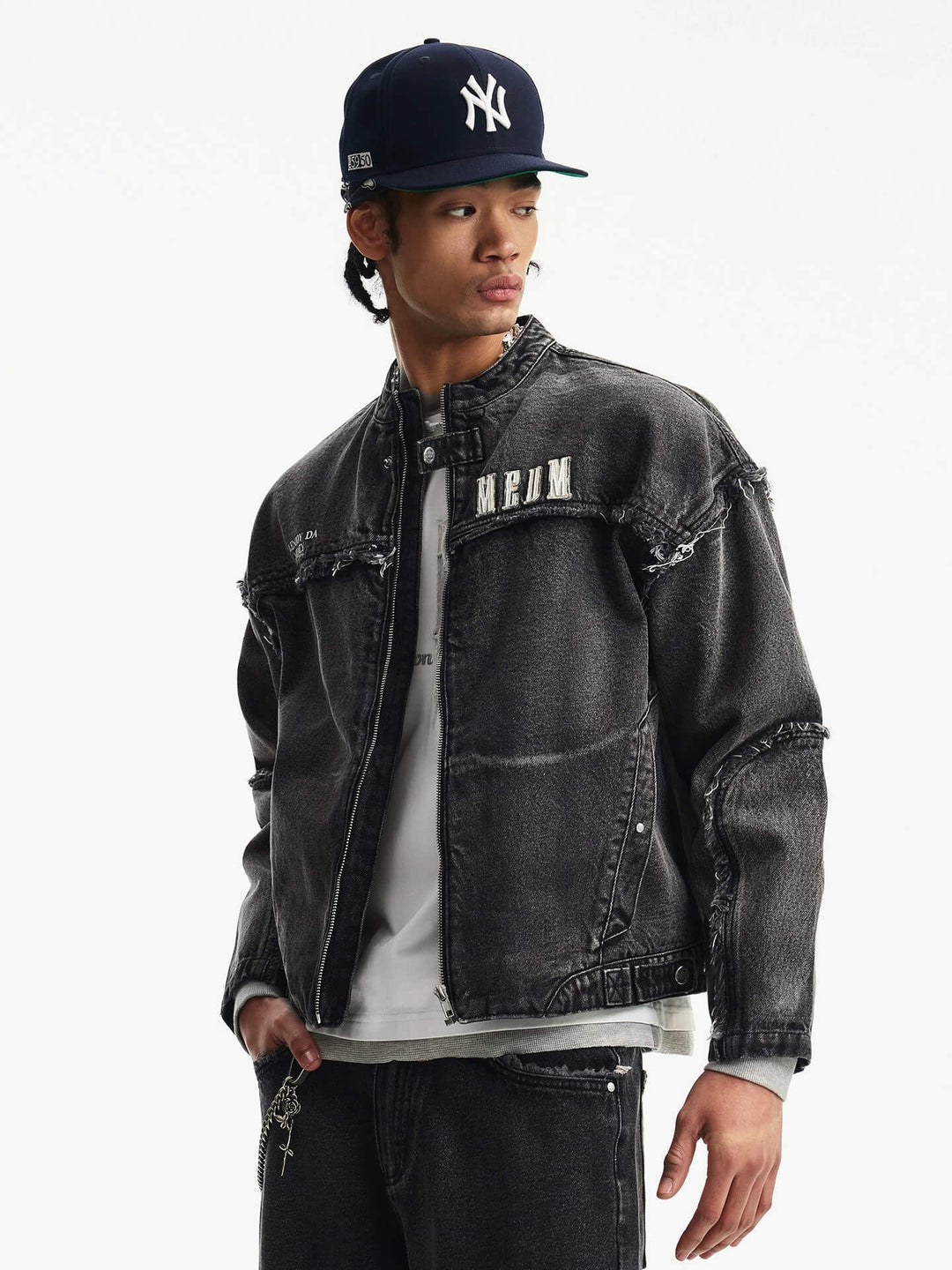 MEDM Washed Distressed Frayed Patchwork Denim Jacket | Face 3 Face