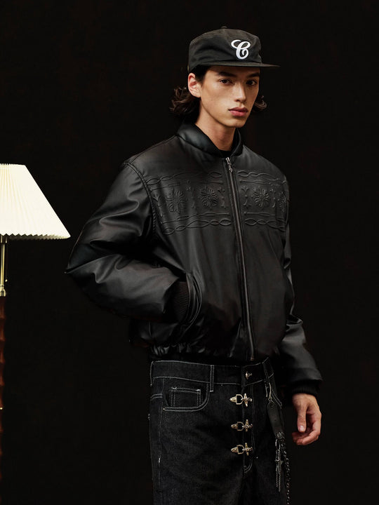 YADcrew Embossed PU Leather Down Jacket | Face 3 Face