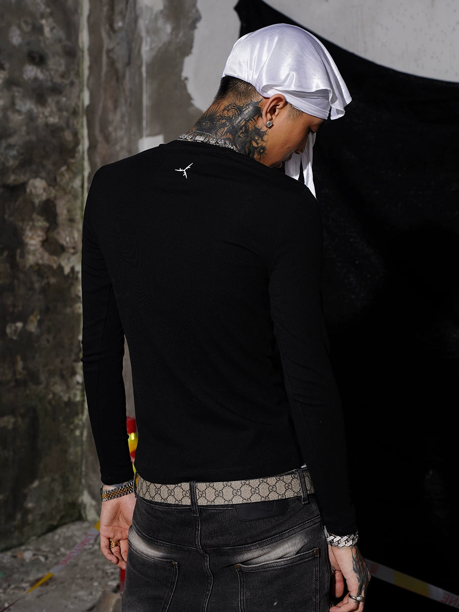 TGFCLUB 223 Neck Embroidered Stretch Slim Long Sleeve Tee | Face 3 Face