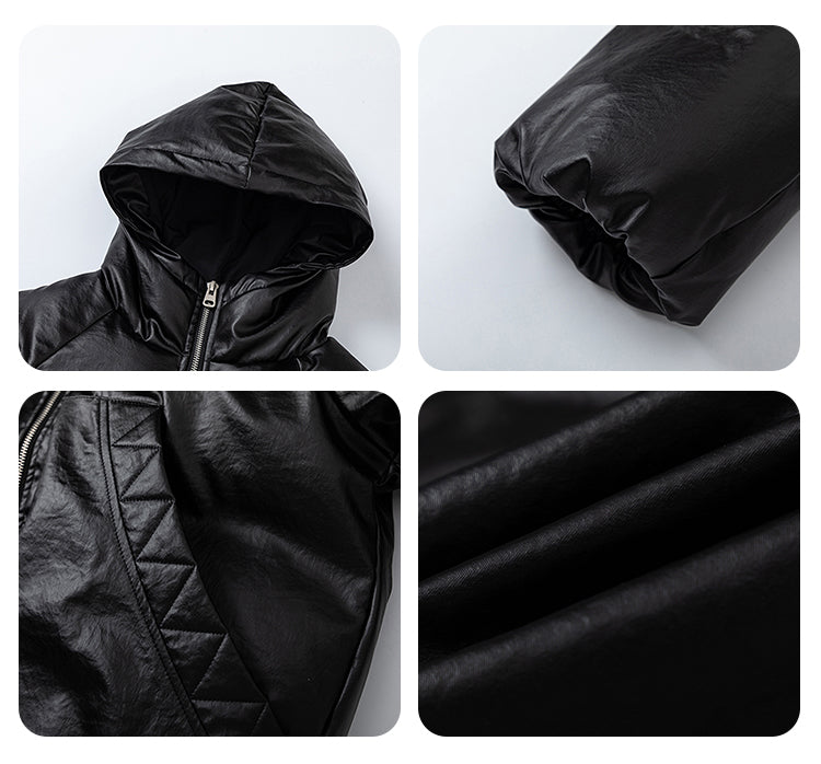 F3F Select Windproof Hooded PU Leather Puffer Bomber Jacket | Face 3 Face