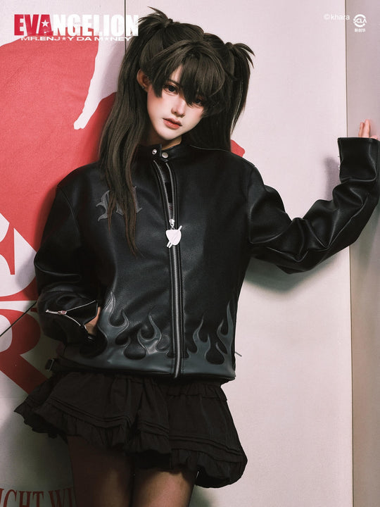 MEDM x EVA NEVER END Flame Character Portraits PU Leather Biker Jacket | Face 3 Face