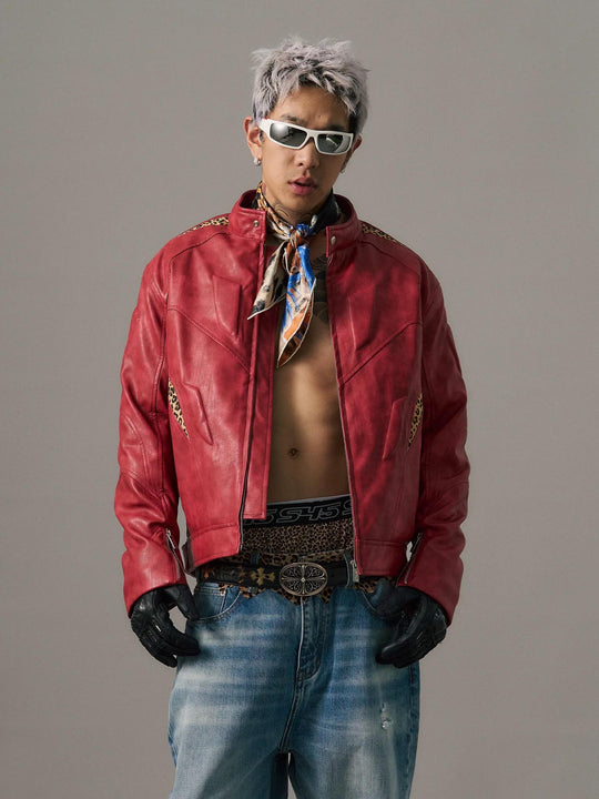 S45 Leopard Print Patchwork PU Leather Biker Jacket | Face 3 Face