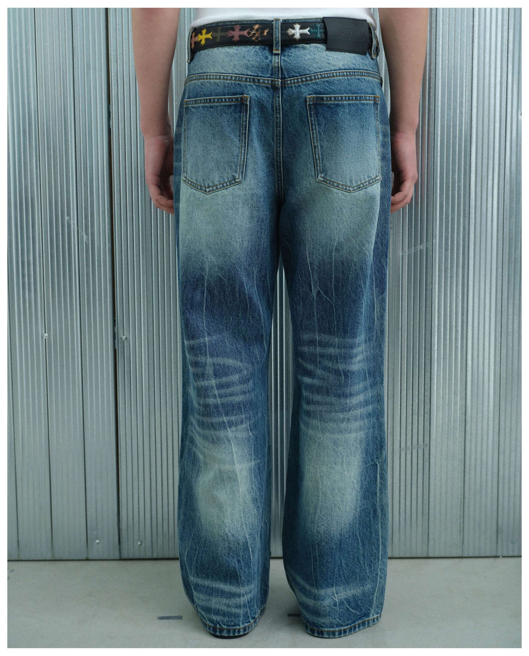 S45 Lightning Crack Wash Distressed Slight Flare Jeans | Face 3 Face