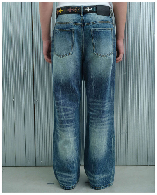 S45 Lightning Crack Wash Distressed Slight Flare Jeans | Face 3 Face