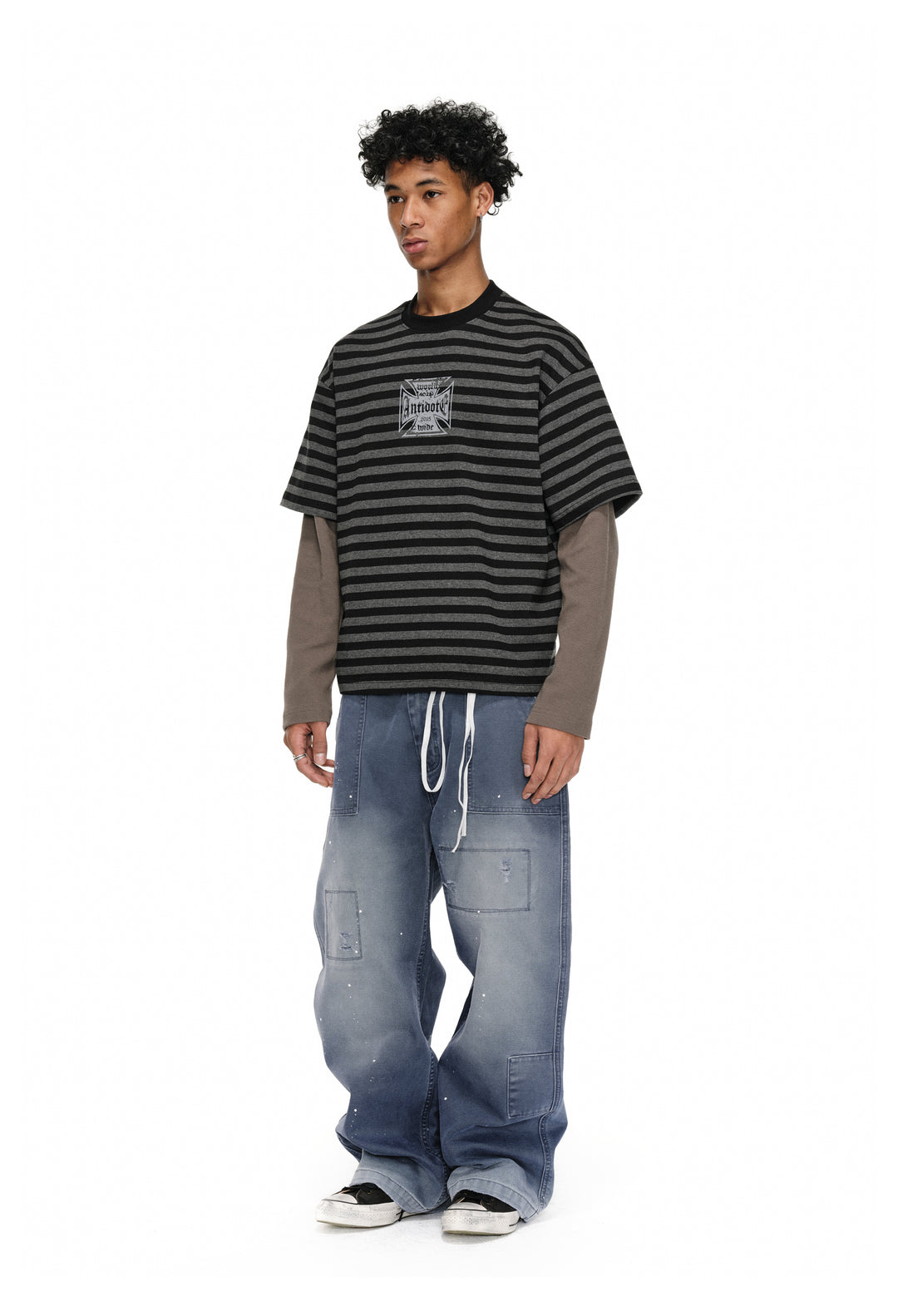 ANTIDOTE Cross Slogan Striped Layered Long Sleeve Tee | Face 3 Face