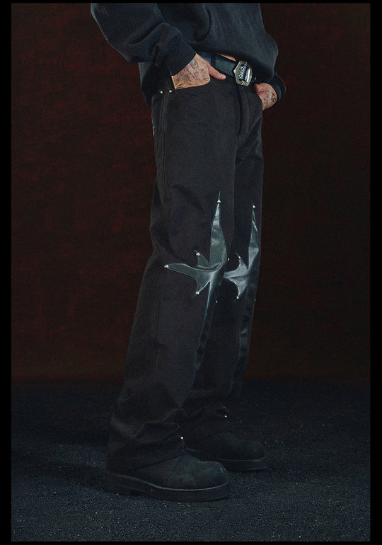 DICETINY Textured Leather Patch Studded Jeans | Face 3 Face