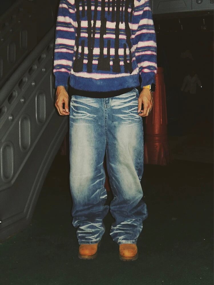 EVETS Dirty Wash Print Baggy Jeans | Face 3 Face