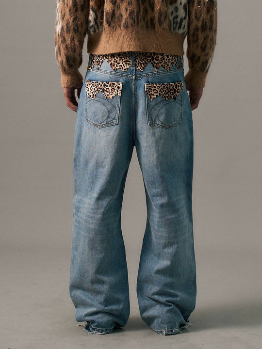 S45 Leopard Patchwork Washed Flared Jeans | Face 3 Face