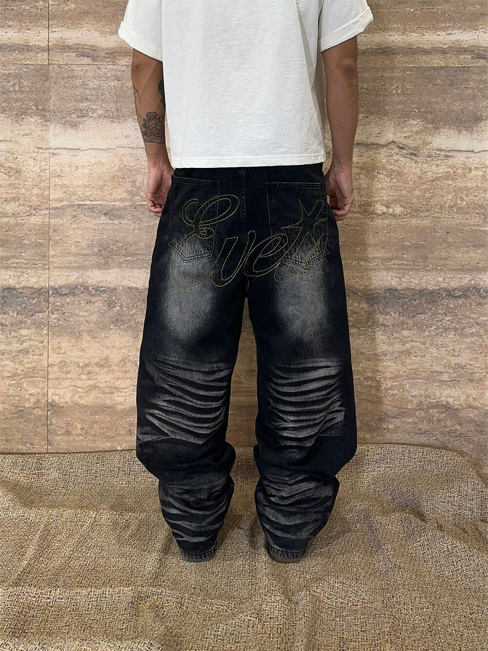 EVETS Whisker Washed Faded Baggy Jeans | Face 3 Face