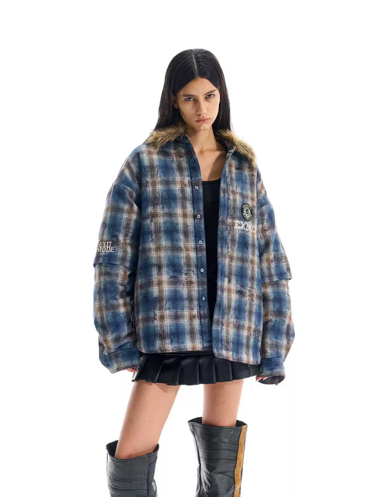 BLIND NO PLAN Fur Collar Plaid Padded Shirt Jacket | Face 3 Face