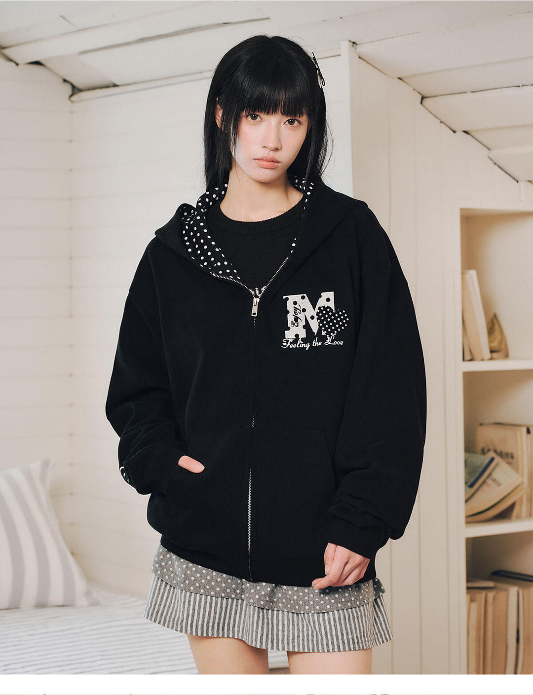 MEDM Polka Dot Hood Lining Heart Logo Zip Up Hoodie | Face 3 Face